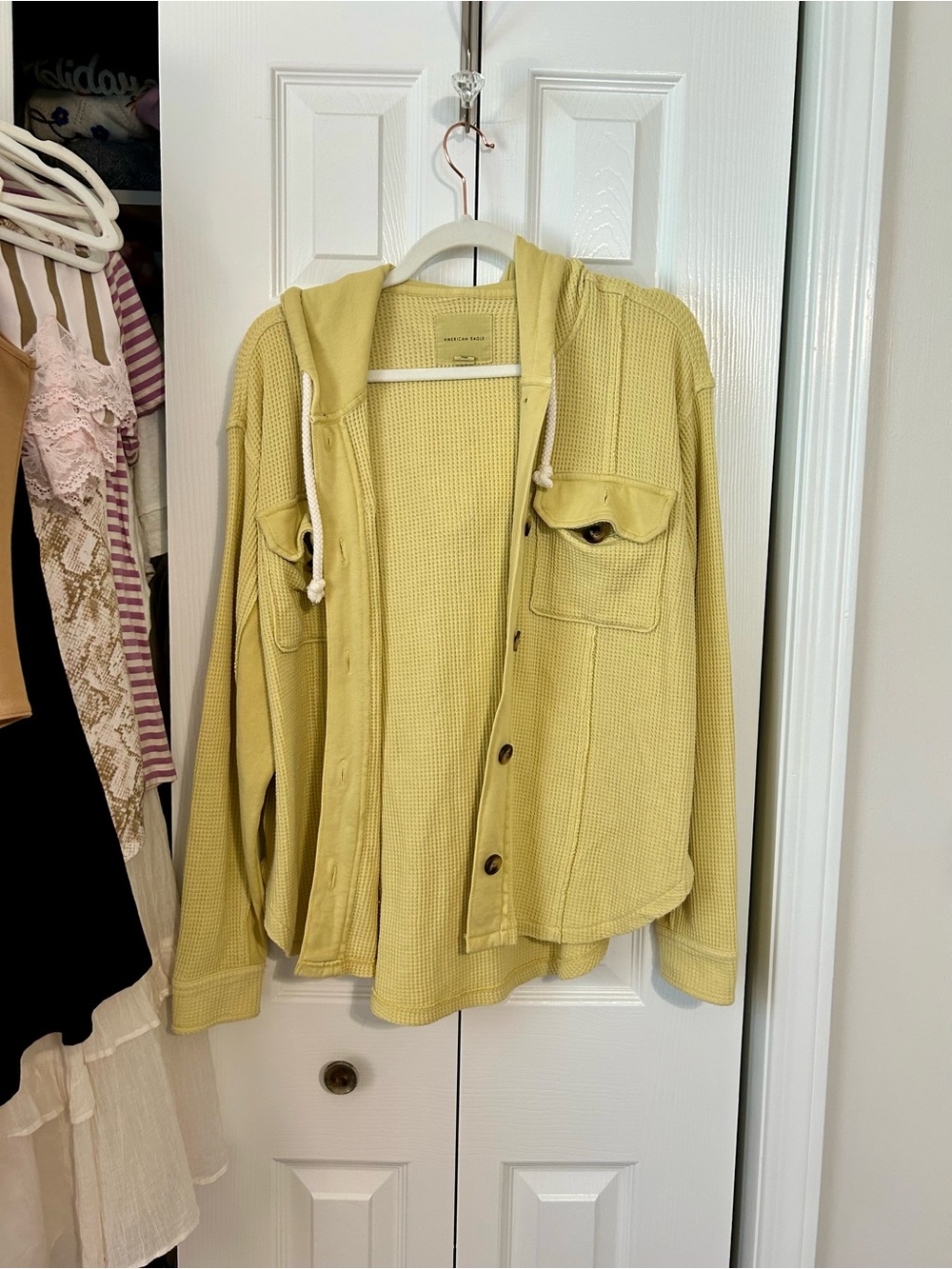 American Eagle Outfitters Light Green Hooded Waffle Button-Down